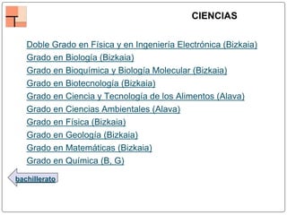 bachillerato
CIENCIAS
Doble Grado en Física y en Ingeniería Electrónica (Bizkaia)
Grado en Biología (Bizkaia)
Grado en Bioquímica y Biología Molecular (Bizkaia)
Grado en Biotecnología (Bizkaia)
Grado en Ciencia y Tecnología de los Alimentos (Alava)
Grado en Ciencias Ambientales (Alava)
Grado en Física (Bizkaia)
Grado en Geología (Bizkaia)
Grado en Matemáticas (Bizkaia)
Grado en Química (B, G)
 