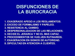 DISFUNCIONES DE LA BUROCRACIA 1. EXAGERADO APEGO A LOS REGLAMENTOS. 2. EXCESO DE FORMALISMO Y PAPELEO. 3. RESISTENCIA AL CAMBIO. 4. DESPERSONALIZACION DE LAS RELACIONES. 5. DECIDE EL JERARCA Y NO EL MAS CAPAZ. 6. PROCEDIMIENTOS SE VUELVEN RUTINARIOS. 7. EXAGERACION EN SIGNOS DE AUTORIDAD. 8. DIFICULTAD EN ATENCION A CLIENTES. 