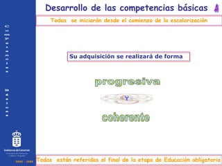 Su adquisición se realizará de forma Desarrollo de las competencias básicas Todas  se iniciarán desde el comienzo de la escolarización progresiva coherente Todas  están referidas al final de la etapa de Educación obligatoria 4 OREC - 2006 C o m p e t e n c i a s  B á s i c a s Y Consejería de Educación, Cultura y Deportes 