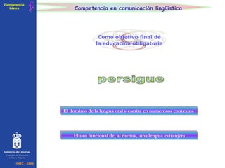 Competencia en comunicación lingüística El dominio de la lengua oral y escrita en numerosos contextos El uso funcional de, al menos,  una lengua extranjera persigue 1 Competencia básica OREC - 2006 Consejería de Educación, Cultura y Deportes Como objetivo final de la educación obligatoria 