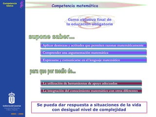 Competencia matemática Aplicar destrezas y actitudes que permiten razonar matemáticamente Comprender una argumentación matemática supone saber... Expresarse y comunicarse en el lenguaje matemático La utilización de herramientas de apoyo adecuadas La integración del conocimiento matemático con otros diferentes para que por medio de... Se pueda dar respuesta a situaciones de la vida con desigual nivel de complejidad 2 Competencia básica OREC - 2006 Consejería de Educación, Cultura y Deportes Como objetivo final de la educación obligatoria 