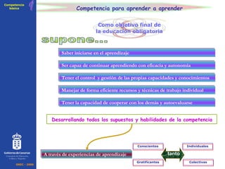 Competencia para aprender a aprender Saber iniciarse en el aprendizaje supone... 7 Competencia básica Ser capaz de continuar aprendiendo con eficacia y autonomía Tener la capacidad de cooperar con los demás y autoevaluarse Tener el control  y gestión de las propias capacidades y conocimientos Manejar de forma eficiente recursos y técnicas de trabajo individual Desarrollando todos los supuestos y habilidades de la competencia OREC - 2006 Consejería de Educación, Cultura y Deportes Como objetivo final de la educación obligatoria A través de experiencias de aprendizaje Colectivas Conscientes Individuales Gratificantes tanto 