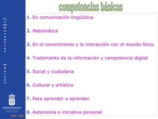 1.  En comunicación lingüística 2.  Matemática 3.  En el conocimiento y la interacción con el mundo físico 4.  Tratamiento de la información y competencia digital  5.  Social y ciudadana 6.  Cultural y artística 7.  Para aprender a aprender 8.  Autonomía e iniciativa personal competencias básicas OREC - 2006 C o m p e t e n c i a s  B á s i c a s Consejería de Educación, Cultura y Deportes 