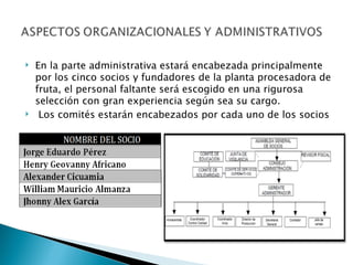    En la parte administrativa estará encabezada principalmente
    por los cinco socios y fundadores de la planta procesadora de
    fruta, el personal faltante será escogido en una rigurosa
    selección con gran experiencia según sea su cargo.
    Los comités estarán encabezados por cada uno de los socios
 