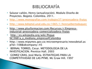    Salazar cañón, Henry (actualización). Modulo Diseño de
    Proyectos. Bogotá. Colombia. 2011.
   http://www.monografias.com/trabajos37/procesadora-frutas/pro
   http://www.bdigital.unal.edu.co/1065/1/henryalbertoduquecarde
   http://www.plusformacion.com/Recursos/r/Empresa-
    industrial-procesadora-comercializadora-frutas
    http://es.wikipedia.org/wiki/Peque
    %C3%B1a_y_mediana_empresa#Colombia
   http://www.mipymes.gov.co/microempresario/newsdetail.as
    p?id=108&idcompany=45
    BERNAL TORRES, Cesar. METODOLOGIA DE LA
    INVESTIGACION. Prentice Hall. 2003
    GOMEZ GRAS, José María. ESTRATEGIAS PARA LA
    COMPETITIVIDAD DE LAS PYME. Mc Graw Hill. 1997
 