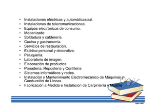 • Instalaciones eléctricas y automáticascial.
• Instalaciones de telecomunicaciones.
• Equipos electrónicos de consumo.
• Mecanizado
• Soldadura y calderería.
• Cocina y gastronomía.
• Servicios de restauración.
• Estética personal y decorativa.
• Peluquería.
• Laboratorio de imagen.
• Elaboración de productos
• Panadería, Repostería y Confitería
• Sistemas informáticos y redes.
• Instalación y Mantenimiento Electromecánico de Máquinas y
Conducción de Líneas
• Fabricación a Medida e Instalacion de Carpintería y Mueble
 