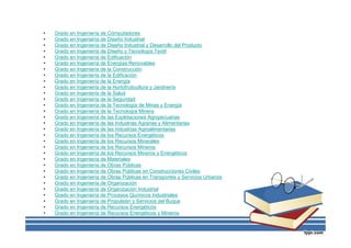 • Grado en Ingeniería de Computadores
• Grado en Ingeniería de Diseño Industrial
• Grado en Ingeniería de Diseño Industrial y Desarrollo del Producto
• Grado en Ingeniería de Diseño y Tecnología Textil
• Grado en Ingeniería de Edificación
• Grado en Ingeniería de Energías Renovables
• Grado en Ingeniería de la Construcción
• Grado en Ingeniería de la Edificación
• Grado en Ingeniería de la Energía
• Grado en Ingeniería de la Hortofruticultura y Jardinería
• Grado en Ingeniería de la Salud
• Grado en Ingeniería de la Seguridad
• Grado en Ingeniería de la Tecnología de Minas y Energía
• Grado en Ingeniería de la Tecnología Minera
• Grado en Ingeniería de las Explotaciones Agropecuarias
• Grado en Ingeniería de las Industrias Agrarias y Alimentarias
• Grado en Ingeniería de las Industrias Agroalimentarias
• Grado en Ingeniería de los Recursos Energéticos
• Grado en Ingeniería de los Recursos Minerales
• Grado en Ingeniería de los Recursos Mineros
• Grado en Ingeniería de los Recursos Mineros y Energéticos
• Grado en Ingeniería de Materiales
• Grado en Ingeniería de Obras Públicas
• Grado en Ingeniería de Obras Públicas en Construcciones Civiles
• Grado en Ingeniería de Obras Públicas en Transportes y Servicios Urbanos
• Grado en Ingeniería de Organización
• Grado en Ingeniería de Organización Industrial
• Grado en Ingeniería de Procesos Químicos Industriales
• Grado en Ingeniería de Propulsión y Servicios del Buque
• Grado en Ingeniería de Recursos Energéticos
• Grado en Ingeniería de Recursos Energéticos y Mineros
 
