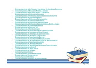 • Grado en Ingeniería de los Recursos Energéticos, Combustibles y Explosivos
• Grado en Ingeniería de Recursos Minerales y Energía
• Grado en Ingeniería de Recursos Mineros y Energéticos
• Grado en Ingeniería de Sistemas Audiovisuales
• Grado en Ingeniería de Sistemas Audiovisuales de Telecomunicación
• Grado en Ingeniería de Sistemas Biológicos
• Grado en Ingeniería de Sistemas de Comunicaciones
• Grado en Ingeniería de Sistemas de Información
• Grado en Ingeniería de Sistemas de Telecomunicación
• Grado en Ingeniería de Sistemas de Telecomunicación, Sonido e Imagen
• Grado en Ingeniería de Sistemas Electrónicos
• Grado en Ingeniería de Sistemas TIC
• Grado en Ingeniería de Sonido e Imagen
• Grado en Ingeniería de Sonido e Imagen en Telecomunicación
• Grado en Ingeniería de Tecnología de Minas y Energía
• Grado en Ingeniería de Tecnología de Telecomunicación
• Grado en Ingeniería de Tecnología y Diseño Textil
• Grado en Ingeniería de Tecnologías de Caminos
• Grado en Ingeniería de Tecnologías de Telecomunicación
• Grado en Ingeniería de Tecnologías Específicas de Telecomunicación
• Grado en Ingeniería de Tecnologías Industriales
• Grado en Ingeniería de Tecnologías Mineras
• Grado en Ingeniería de Tecnologías y Servicios de Telecomunicación
• Grado en Ingeniería del Automóvil
• Grado en Ingeniería del Medio Natural
• Grado en Ingeniería del Software
• Grado en Ingeniería Eléctrica
• Grado en Ingeniería Eléctrica y Electrónica
• Grado en Ingeniería Electromecánica
• Grado en Ingeniería Electrónica
• Grado en Ingeniería Electrónica de Comunicaciones
 
