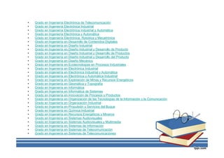• Grado en Ingeniería Electrónica de Telecomunicación
• Grado en Ingeniería Electrónica Industrial
• Grado en Ingeniería Electrónica Industrial y Automática
• Grado en Ingeniería Electrónica y Automática
• Grado en Ingeniería Electrónica, Robótica y Mecatrónica
• Grado en Ingeniería en Desarrollo de Contenidos Digitales
• Grado en Ingeniería en Diseño Industrial
• Grado en Ingeniería en Diseño Industrial y Desarrollo de Producto
• Grado en Ingeniería en Diseño Industrial y Desarrollo de Productos
• Grado en Ingeniería en Diseño Industrial y Desarrollo del Producto
• Grado en Ingeniería en Diseño Mecánico
• Grado en Ingeniería en Ecotecnologías en Procesos Industriales
• Grado en Ingeniería en Electrónica Industrial
• Grado en Ingeniería en Electrónica Industrial y Automática
• Grado en Ingeniería en Electrónica y Automática Industrial
• Grado en Ingeniería en Explotación de Minas y Recursos Energéticos
• Grado en Ingeniería en Geomática y Topografía
• Grado en Ingeniería en Informática
• Grado en Ingeniería en Informática de Sistemas
• Grado en Ingeniería en Innovación de Procesos y Productos
• Grado en Ingeniería en Organización de las Tecnologías de la Información y la Comunicación
• Grado en Ingeniería en Organización Industrial
• Grado en Ingeniería en Propulsión y Servicios del Buque
• Grado en Ingeniería en Química Industrial
• Grado en Ingeniería en Recursos Energéticos y Mineros
• Grado en Ingeniería en Sistemas Audiovisuales
• Grado en Ingeniería en Sistemas Audiovisuales y Multimedia
• Grado en Ingeniería en Sistemas de Información
• Grado en Ingeniería en Sistemas de Telecomunicación
• Grado en Ingeniería en Sistemas de Telecomunicaciones
 