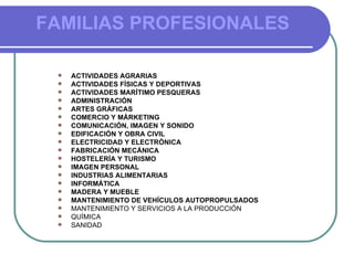 FAMILIAS PROFESIONALES ACTIVIDADES AGRARIAS ACTIVIDADES FÍSICAS Y DEPORTIVAS ACTIVIDADES MARÍTIMO PESQUERAS ADMINISTRACIÓN  ARTES GRÁFICAS COMERCIO Y MÁRKETING COMUNICACIÓN, IMAGEN Y SONIDO EDIFICACIÓN Y OBRA CIVIL ELECTRICIDAD Y ELECTRÓNICA FABRICACIÓN MECÁNICA  HOSTELERÍA Y TURISMO IMAGEN PERSONAL INDUSTRIAS ALIMENTARIAS INFORMÁTICA MADERA Y MUEBLE  MANTENIMIENTO DE VEHÍCULOS AUTOPROPULSADOS MANTENIMIENTO Y SERVICIOS A LA PRODUCCIÓN QUÍMICA SANIDAD 