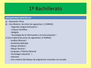 1º Bachillerato
ASIGNATURAS ESPECÍFICAS
a) Educación Física
b) Una Materia de entre las siguientes ( 2 HORAS):
- Segunda Lengua Extranjera I
- Cultura Científica
- Religión
- Tecnología de la Información y la Comunicación I
c) Una materia de entre las siguientes ( 4 HORAS) :
- Análisis Musical I
- Anatomía Aplicada
- Dibujo Artístico I
- Dibujo Técnico I
- Lenguaje y Práctica Musical
- Tecnología Industrial I
- Volumen
- Una materia del bloque de asignaturas troncales no cursada
 