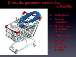 Droits des personnes concernées 6  PRINCIPES: Droit d’accès Droit de rectification Droit de refuser le marketing direct Droit de retrait Droit à la sécurité Acceptation préalable 