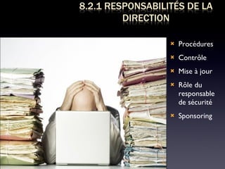 Procédures Contrôle Mise à jour Rôle du responsable de sécurité Sponsoring  