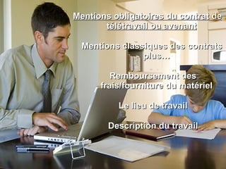 Mentions obligatoires du contrat de télétravail ou avenant Mentions classiques des contrats  plus… Remboursement des frais/fourniture du matériel Le lieu de travail Description du travail 