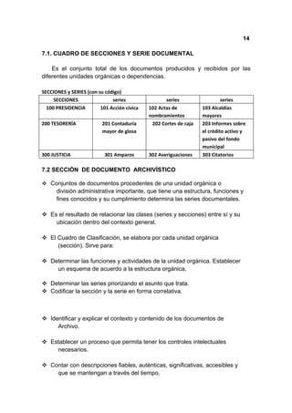 14

7.1. CUADRO DE SECCIONES Y SERIE DOCUMENTAL

    Es el conjunto total de los documentos producidos y recibidos por las
diferentes unidades orgánicas o dependencias.

SECCIONES y SERIES (con su código)
     SECCIONES                series                series                  series
  100 PRESIDENCIA        101 Acción cívica   102 Actas de          103 Alcaldías
                                             nombramientos         mayores
200 TESORERÍA             201 Contaduría      202 Cortes de caja   203 Informes sobre
                          mayor de glosa                           el crédito activo y
                                                                   pasivo del fondo
                                                                   municipal
300 JUSTICIA               301 Amparos       302 Averiguaciones    303 Citatorios

7.2 SECCIÓN DE DOCUMENTO ARCHIVÍSTICO

 Conjuntos de documentos procedentes de una unidad orgànica o
      división administrativa importante, que tiene una estructura, funciones y
      fines conocidos y su cumplimiento determina las series documentales.

 Es el resultado de relacionar las clases (series y secciones) entre sí y su
    ubicación dentro del contexto general.

 El Cuadro de Clasificación, se elabora por cada unidad orgánica
     (sección). Sirve para:

 Determinar las funciones y actividades de la unidad orgánica. Establecer
    un esquema de acuerdo a la estructura orgánica.

 Determinar las series priorizando el asunto que trata.
 Codificar la sección y la serie en forma correlativa.



 Identificar y explicar el contexto y contenido de los documentos de
     Archivo.

 Establecer un proceso que permita tener los controles intelectuales
    necesarios.

 Contar con descripciones fiables, auténticas, significativas, accesibles y
    que se mantengan a través del tiempo.
 