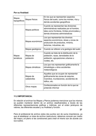 Por su finalidad:

                                 En los que se representan aspectos
Mapas
             Mapas físicos       físicos del suelo, como los montes, ríos y
topográficos
                                 demás accidentes geográficos

                                 Cuando se representan las divisiones
                                 administrativas realizadas por el hombre,
             Mapas políticos
                                 tales como fronteras, límites provinciales y
                                 demás divisiones administrativas

                              Los que representan los diversos
                              aspectos económicos, áreas y zonas de
             Mapas económicos
                              producción de productos, minería,
                              factorías, industrias, etc.

             Mapas geológicos    Cuando se refieren a la geología del suelo

                                 Cuando se trata de la distribución de la
Mapas        Mapas de            población, razas, densidades de la
temáticos    población           población, agrupaciones urbanas o
                                 rurales, etc.

                                 Los que nos representan gráficamente la
             Mapas climáticos    climatología u otros accidentes
                                 meteorológicos

                                 Aquellos que se ocupan de representar
             Mapas de            gráficamente las zonas de sequías,
             catástrofes         incendios, inundaciones, accidentes de
                                 tráfico, etc.

                                 Confeccionados en función de lo que se
             Otros mapas
                                 pretende informar



11.2 IMPORTANCIA:

En relación al archivar los Mapas y Planos podemos mencionar que los mismos
se pueden mantener dentro de un archivo clasificándolos a través de las
diferentes representaciones gráficas y métricas, por el orden jerárquico de
valores, las diferentes escalas y su finalidad y función.
                                                                         27

Para el profesional de archivo estos dos puntos son de suma importancia, ya
que al establecer un área de archivo (estructura), debemos conocer por medio
del mapa y el plano si las condiciones para crear el mismo son de acorde con
sus suelos.
 