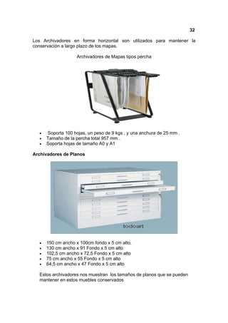 32

Los Archivadores en forma horizontal son utilizados para mantener la
conservación a largo plazo de los mapas.

                    Archivadores de Mapas tipos percha




  •   Soporta 100 hojas, un peso de 9 kgs , y una anchura de 25 mm .
  •   Tamaño de la percha total 957 mm .
  •   Soporta hojas de tamaño A0 y A1

Archivadores de Planos




  •   150 cm ancho x 100cm fondo x 5 cm alto.
  •   130 cm ancho x 91 Fondo x 5 cm alto
  •   102,5 cm ancho x 72,5 Fondo x 5 cm alto
  •   75 cm ancho x 55 Fondo x 5 cm alto
  •   64,5 cm ancho x 47 Fondo x 5 cm alto

  Estos archivadores nos muestran los tamaños de planos que se pueden
  mantener en estos muebles conservados
 