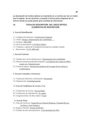37

La descripción de medios ópticos es importante en un archivo por ser un medio
que ha dejado de ser opcional y a pasado a formar parte integrante de un
archivo donde se puede grabar gran cantidad de información.

14.              FICHA DE DESCRIPCIÓN DEL DISCO ÓPTICO
                      ELEMENTOS DE DESCRIPCIÓN

1. Área de Identificación

1.1. Código(s) de referencia Constructora Campestre
1.2. Titulo Cheques, Departamento de Contabilidad
1.3. Fecha(s) 2004-2009
1.4. Nivel de descripción C-D, Disco Óptico
1.5. Volumen y soporte de la unidad de descripción (cantidad, tamaño
o Dimensiones 2 C-D, 8000 mb2

2. Área de Contexto

2.1. Nombre del o de los Productor(es) Departamento de Contabilidad
2.2. Historia institucional/Reseña biográfica La Empresa fue creada en 2004 y
         cuenta con 3 departamentos
2.3. Forma de ingreso Información producto de los pagos de los clientes y
         Colaboradores

3. Área de Contenido y Estructura

3.1. Valoración Selección y Eliminación Permanente
3.2. Organización Cronológicamente

4. Áreas de Condiciones de Acceso y Uso

4.1. Condiciones de Acceso son accesibles
4.2. Condiciones de reproducción Si, copias
4.3. Lengua/escritura de disco óptico Visual

  5. Área de Notas
5.1. Nota del Archivero Ismael Rivera, Desireé Mendoza, Yohaneth Rivera,
          Iris Pérez y José Espinosa
5.2. Reglas o Normas Normas ISAD (G)
5.3. Fecha(s) de la(s) descripción(es) 13 de diciembre de 2010
 