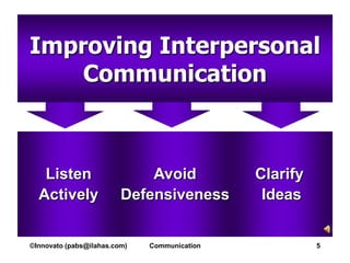 Improving Interpersonal
    Communication



   Listen                    Avoid            Clarify
  Actively               Defensiveness         Ideas


©Innovato (pabs@ilahas.com)   Communication             5
 