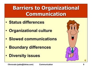 Barriers to Organizational
           Communication
• Status differences

• Organizational culture

• Slowed communications

• Boundary differences

• Diversity issues
 ©Innovato (pabs@ilahas.com)   Communication   9
 