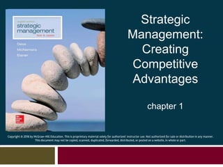 Copyright © 2016 by McGraw-Hill Education. This is proprietary material solely for authorized instructor use. Not authorized for sale or distribution in any manner.
This document may not be copied, scanned, duplicated, forwarded, distributed, or posted on a website, in whole or part.
Strategic
Management:
Creating
Competitive
Advantages
chapter 1
 