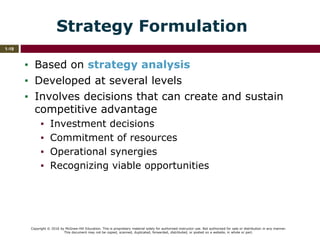 Copyright © 2016 by McGraw-Hill Education. This is proprietary material solely for authorized instructor use. Not authorized for sale or distribution in any manner.
This document may not be copied, scanned, duplicated, forwarded, distributed, or posted on a website, in whole or part.
1-19
Strategy Formulation
▪ Based on strategy analysis
▪ Developed at several levels
▪ Involves decisions that can create and sustain
competitive advantage
▪ Investment decisions
▪ Commitment of resources
▪ Operational synergies
▪ Recognizing viable opportunities
 