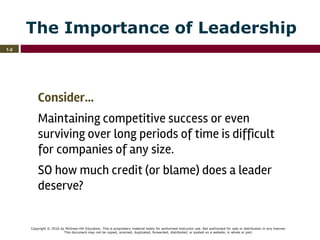 Copyright © 2016 by McGraw-Hill Education. This is proprietary material solely for authorized instructor use. Not authorized for sale or distribution in any manner.
This document may not be copied, scanned, duplicated, forwarded, distributed, or posted on a website, in whole or part.
The Importance of Leadership
Consider…
Maintaining competitive success or even
surviving over long periods of time is difficult
for companies of any size.
SO how much credit (or blame) does a leader
deserve?
1-2
 