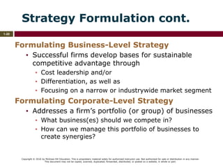 Copyright © 2016 by McGraw-Hill Education. This is proprietary material solely for authorized instructor use. Not authorized for sale or distribution in any manner.
This document may not be copied, scanned, duplicated, forwarded, distributed, or posted on a website, in whole or part.
1-20
Strategy Formulation cont.
Formulating Business-Level Strategy
▪ Successful firms develop bases for sustainable
competitive advantage through
▪ Cost leadership and/or
▪ Differentiation, as well as
▪ Focusing on a narrow or industrywide market segment
Formulating Corporate-Level Strategy
▪ Addresses a firm’s portfolio (or group) of businesses
▪ What business(es) should we compete in?
▪ How can we manage this portfolio of businesses to
create synergies?
 