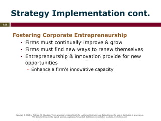 Copyright © 2016 by McGraw-Hill Education. This is proprietary material solely for authorized instructor use. Not authorized for sale or distribution in any manner.
This document may not be copied, scanned, duplicated, forwarded, distributed, or posted on a website, in whole or part.
1-26
Strategy Implementation cont.
Fostering Corporate Entrepreneurship
▪ Firms must continually improve & grow
▪ Firms must find new ways to renew themselves
▪ Entrepreneurship & innovation provide for new
opportunities
▪ Enhance a firm’s innovative capacity
 