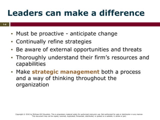 Copyright © 2016 by McGraw-Hill Education. This is proprietary material solely for authorized instructor use. Not authorized for sale or distribution in any manner.
This document may not be copied, scanned, duplicated, forwarded, distributed, or posted on a website, in whole or part.
1-4
Leaders can make a difference
▪ Must be proactive - anticipate change
▪ Continually refine strategies
▪ Be aware of external opportunities and threats
▪ Thoroughly understand their firm’s resources and
capabilities
▪ Make strategic management both a process
and a way of thinking throughout the
organization
 