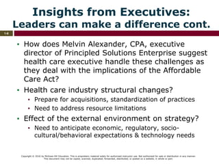 Copyright © 2016 by McGraw-Hill Education. This is proprietary material solely for authorized instructor use. Not authorized for sale or distribution in any manner.
This document may not be copied, scanned, duplicated, forwarded, distributed, or posted on a website, in whole or part.
1-6
Insights from Executives:
Leaders can make a difference cont.
▪ How does Melvin Alexander, CPA, executive
director of Principled Solutions Enterprise suggest
health care executive handle these challenges as
they deal with the implications of the Affordable
Care Act?
▪ Health care industry structural changes?
▪ Prepare for acquisitions, standardization of practices
▪ Need to address resource limitations
▪ Effect of the external environment on strategy?
▪ Need to anticipate economic, regulatory, socio-
cultural/behavioral expectations & technology needs
 