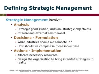 Copyright © 2016 by McGraw-Hill Education. This is proprietary material solely for authorized instructor use. Not authorized for sale or distribution in any manner.
This document may not be copied, scanned, duplicated, forwarded, distributed, or posted on a website, in whole or part.
1-7
Defining Strategic Management
Strategic Management involves
▪ Analysis
▪ Strategic goals (vision, mission, strategic objectives)
▪ Internal and external environment
▪ Decisions - Formulation
▪ What industries should we compete in?
▪ How should we compete in those industries?
▪ Actions - Implementation
▪ Allocate necessary resources
▪ Design the organization to bring intended strategies to
reality
 