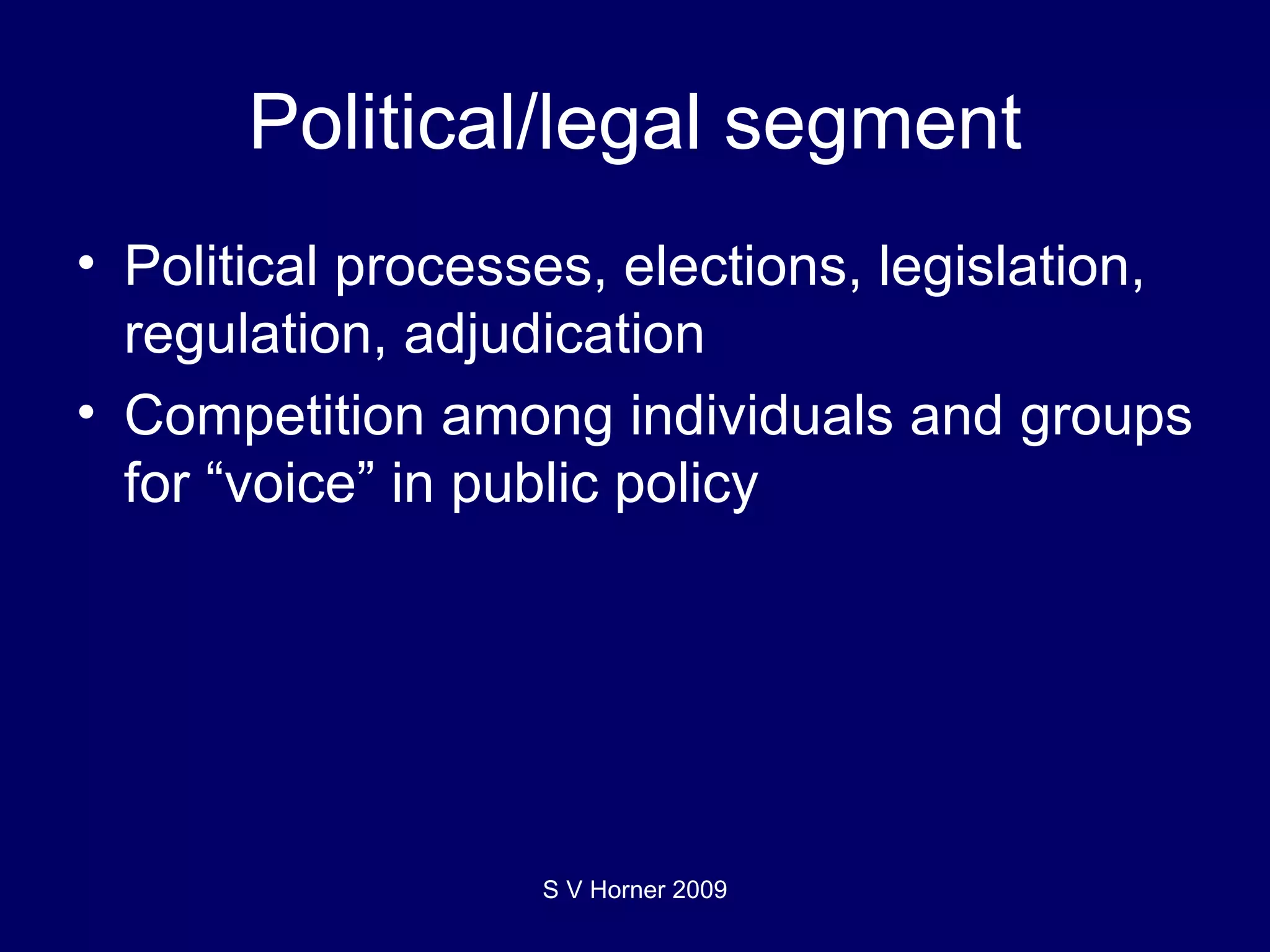 Political/legal segment Political processes, elections, legislation, regulation, adjudication Competition among individuals and groups for “voice” in public policy S V Horner 2009 