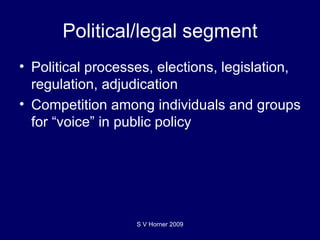 Political/legal segment Political processes, elections, legislation, regulation, adjudication Competition among individuals and groups for “voice” in public policy S V Horner 2009 