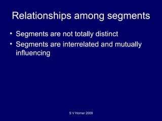 Relationships among segments Segments are not totally distinct Segments are interrelated and mutually influencing S V Horner 2009 