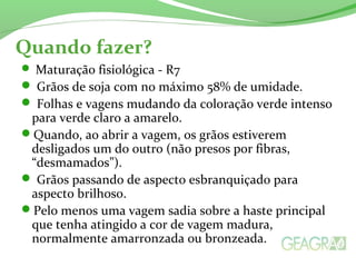 Quando fazer?
 Maturação fisiológica - R7
 Grãos de soja com no máximo 58% de umidade.
 Folhas e vagens mudando da coloração verde intenso
para verde claro a amarelo.
Quando, ao abrir a vagem, os grãos estiverem
desligados um do outro (não presos por fibras,
“desmamados”).
 Grãos passando de aspecto esbranquiçado para
aspecto brilhoso.
Pelo menos uma vagem sadia sobre a haste principal
que tenha atingido a cor de vagem madura,
normalmente amarronzada ou bronzeada.
 