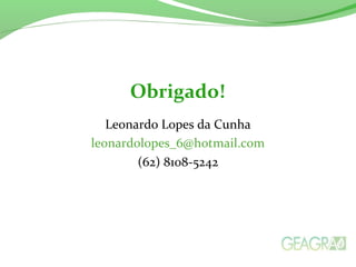 Obrigado!
Leonardo Lopes da Cunha
leonardolopes_6@hotmail.com
(62) 8108-5242
 