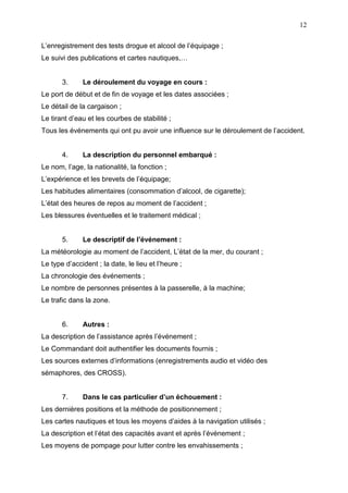 12
L’enregistrement des tests drogue et alcool de l’équipage ;
Le suivi des publications et cartes nautiques,…
3. Le déroulement du voyage en cours :
Le port de début et de fin de voyage et les dates associées ;
Le détail de la cargaison ;
Le tirant d’eau et les courbes de stabilité ;
Tous les événements qui ont pu avoir une influence sur le déroulement de l’accident.
4. La description du personnel embarqué :
Le nom, l’age, la nationalité, la fonction ;
L’expérience et les brevets de l’équipage;
Les habitudes alimentaires (consommation d’alcool, de cigarette);
L’état des heures de repos au moment de l’accident ;
Les blessures éventuelles et le traitement médical ;
5. Le descriptif de l’événement :
La météorologie au moment de l’accident, L’état de la mer, du courant ;
Le type d’accident ; la date, le lieu et l’heure ;
La chronologie des événements ;
Le nombre de personnes présentes à la passerelle, à la machine;
Le trafic dans la zone.
6. Autres :
La description de l’assistance après l’événement ;
Le Commandant doit authentifier les documents fournis ;
Les sources externes d’informations (enregistrements audio et vidéo des
sémaphores, des CROSS).
7. Dans le cas particulier d’un échouement :
Les dernières positions et la méthode de positionnement ;
Les cartes nautiques et tous les moyens d’aides à la navigation utilisés ;
La description et l’état des capacités avant et après l’événement ;
Les moyens de pompage pour lutter contre les envahissements ;
 