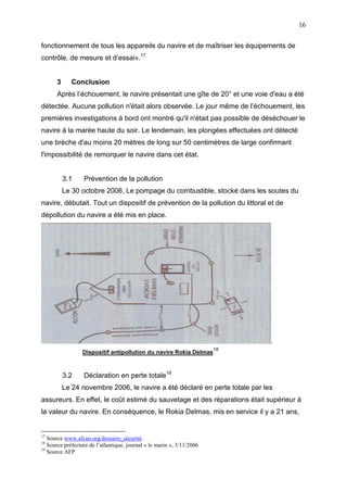 16
fonctionnement de tous les appareils du navire et de maîtriser les équipements de
contrôle, de mesure et d’essai».17
3 Conclusion
Après l’échouement, le navire présentait une gîte de 20° et une voie d'eau a été
détectée. Aucune pollution n'était alors observée. Le jour même de l’échouement, les
premières investigations à bord ont montré qu'il n'était pas possible de déséchouer le
navire à la marée haute du soir. Le lendemain, les plongées effectuées ont détecté
une brèche d'au moins 20 mètres de long sur 50 centimètres de large confirmant
l'impossibilité de remorquer le navire dans cet état.
3.1 Prévention de la pollution
Le 30 octobre 2006, Le pompage du combustible, stocké dans les soutes du
navire, débutait. Tout un dispositif de prévention de la pollution du littoral et de
dépollution du navire a été mis en place.
Dispositif antipollution du navire Rokia Delmas
18
3.2 Déclaration en perte totale19
Le 24 novembre 2006, le navire a été déclaré en perte totale par les
assureurs. En effet, le coût estimé du sauvetage et des réparations était supérieur à
la valeur du navire. En conséquence, le Rokia Delmas, mis en service il y a 21 ans,
17
Source www.afcan.org/dossiers_sécurité.
18
Source préfecture de l’atlantique, journal « le marin », 3/11/2006
19
Source AFP
 