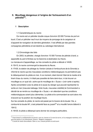 18
II. Mouillage dangereux à l’origine de l’échouement d’un
pétrolier22
.
1 Description
1.1 Caractéristiques du navire
Ce navire est un pétrolier double coque d’environ 20 000 Tonnes de port en
lourd. C’est un pétrolier neuf muni de moyens de pompage de la cargaison et
d’appareil de navigation de dernière génération. Il est affrété par des grandes
compagnies pétrolières et est destiné au cabotage international.
1.2 Chronologie des faits
En 2003, le pétrolier, chargé d’environ 15 000 Tonnes de pétrole à bord, a
appareillé du port d’Ambes sur la Garonne à destination du Havre.
La manœuvre d’appareillage, sur les conseils du pilote a débuté à 14h00.
A 15h15, le navire commençait la descente du fleuve.
A 17h30, la station de pilotage du Verdon (située à l’embouchure de la Gironde) a
informé le navire que les mauvaises conditions météorologiques ne permettront pas
le débarquement du pilote en mer. A ce moment, étant donné l’état de la marée et le
tirant d’eau du navire, il n’était pas possible de faire demi-tour, ni de trouver un
mouillage ou un quai sûr, autre que le mouillage de « Suzac » (voir carte ci-après).
Après concertation avec le pilote et à cause du danger que pouvait représenter la
sortie en mer (mauvais balisage, forte houle, mauvaise visibilité) le Commandant a
décidé de se rendre au mouillage de « Suzac » en attendant que les conditions
météorologiques soient plus clémentes. Le pilote et le commandant se sont alors mis
d’accord sur la position de mouillage future.
Sur les conseils du pilote, le navire est passé par le travers de la bouée 12a, a
contourné la bouée M1, s’est présenté face au jusant23
et a mouillé l’ancre bâbord à
19h12.
A 19h30, le pilote a débarqué sans donner de consigne particulière.
22
Etant donné la confidentialité du dossier, nous ne citerons ni le nom du navire, ni la compagnie maritime, ni le
nom des parties à cet échouement. (Source : Rapport compagnie).
23
Courant de marée descendante. Dans ce cas, courant portant au nord-ouest.
 