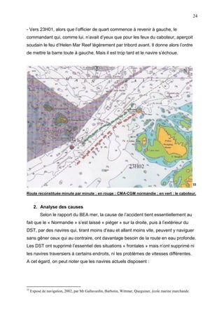 24
- Vers 23H01, alors que l’officier de quart commence à revenir à gauche, le
commandant qui, comme lui, n’avait d’yeux que pour les feux du caboteur, aperçoit
soudain le feu d’Helen Mar Reef légèrement par tribord avant. Il donne alors l’ordre
de mettre la barre toute à gauche. Mais il est trop tard et le navire s’échoue.
33
Route reconstituée minute par minute ; en rouge : CMA-CGM normandie ; en vert : le caboteur.
2. Analyse des causes
Selon le rapport du BEA mer, la cause de l’accident tient essentiellement au
fait que le « Normandie » s’est laissé « piéger » sur la droite, puis à l’extérieur du
DST, par des navires qui, tirant moins d’eau et allant moins vite, peuvent y naviguer
sans gêner ceux qui au contraire, ont davantage besoin de la route en eau profonde.
Les DST ont supprimé l’essentiel des situations « frontales » mais n’ont supprimé ni
les navires traversiers à certains endroits, ni les problèmes de vitesses différentes.
A cet égard, on peut noter que les navires actuels disposent :
33
Exposé de navigation, 2002, par Mr Gallavardin, Barbotin, Wittmar, Queguiner, école marine marchande.
 