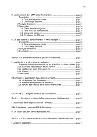 93
III L’échouement du « CMA-CGM Normandie » ...........................................page 22
1 Description......................................................................................page 22
1.1 Caractéristiques du navire......................................................page 22
1.2 Chronologie des faits..............................................................page 23
2 Analyse des causes........................................................................page 24
3 Conclusion ......................................................................................page 26
3.1 Erreur dans la navigation........................................................page 26
3.2 Forte pression commerciale ...................................................page 26
3.3 Manque de vigilance...............................................................page 26
3.4 Conclusion du BEA mer .........................................................page 27
IV Un cas d’école : L’échouement du « RMS Ratingen » .............................page 28
1 Description......................................................................................page 28
1.1 Caractéristiques du navire......................................................page 28
1.2 Chronologie des faits..............................................................page 29
2 Analyse des causes........................................................................page 30
3 Conclusion ......................................................................................page 31
Section 3 : L’élément humain et la gestion de la sécurité.............................page 32
I Les effectifs et la sécurité de la navigation .................................................page 33
1 Réglementation internationale sur les effectifs à bord des navires .page 33
2 La mauvaise interprétation de ces normes .....................................page 33
3 Le capitaine de quart à la passerelle ..............................................page 34
4 La fatigue........................................................................................page 35
5 Conclusion ......................................................................................page 38
II Formation et qualification du personnel navigant ......................................page 39
1 La compétence des équipages .......................................................page 39
2 La diversité des systèmes de formation..........................................page 40
3 La pénurie des officiers de la marine marchande ...........................page 41
CHAPITRE 2 : Le régime juridique de l’échouement....................................page 42
Section 1 : Le régime juridique de l’armateur en cas d’échouement ............page 42
I Les sources de la responsabilité de l’armateur...........................................page 42
II La limitation de responsabilité de l’armateur..............................................page 43
III En cas de pollution par les hydrocarbures................................................page 44
Section 2 : L’échouement dans le contrat de transport de marchandises ....page 47
I Le régime applicable...................................................................................page 47
 