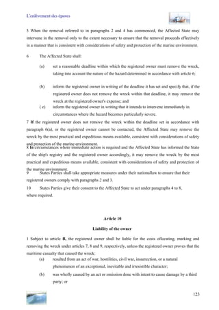 L’enlèvement des épaves
123
5 When the removal referred to in paragraphs 2 and 4 has commenced, the Affected State may
intervene in the removal only to the extent necessary to ensure that the removal proceeds effectively
in a manner that is consistent with considerations of safety and protection of the marine environment.
6 The Affected State shall:
(a) set a reasonable deadline within which the registered owner must remove the wreck,
taking into account the nature of the hazard determined in accordance with article 6;
(b) inform the registered owner in writing of the deadline it has set and specify that, if the
registered owner does not remove the wreck within that deadline, it may remove the
wreck at the registered owner's expense; and
( c) inform the registered owner in writing that it intends to intervene immediately in
circumstances where the hazard becomes particularly severe.
7 If the registered owner does not remove the wreck within the deadline set in accordance with
paragraph 6(a), or the registered owner cannot be contacted, the Affected State may remove the
wreck by the most practical and expeditious means available, consistent with considerations of safety
and protection of the marine environment.
8 In circumstances where immediate action is required and the Affected State has informed the State
of the ship's registry and the registered owner accordingly, it may remove the wreck by the most
practical and expeditious means available, consistent with considerations of safety and protection of
the marine environment.
9 States Parties shall take appropriate measures under their nationallaw to ensure that their
registered owners comply with paragraphs 2 and 3.
10 States Parties give their consent to the Affected State to act under paragraphs 4 to 8,
where required.
Article 10
Liability of the owner
1 Subject to article Il, the registered owner shall be liable for the costs oflocating, marking and
removing the wreck under articles 7, 8 and 9, respectively, unless the registered owner proves that the
maritime casualty that caused the wreck:
(a) resulted from an act of war, hostilities, civil war, insurrection, or a natural
phenomenon of an exceptional, inevitable and irresistible character;
(b) was wholly caused by an act or omission done with intent to cause damage by a third
party; or
 