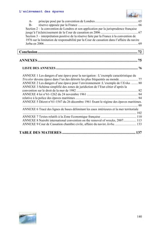 L’enlèvement des épaves
A- principe posé par la convention de Londres..................................................... 65
B- réserve opposée par la France .......................................................................... 66
Section 2 – la convention de Londres et son application par la jurisprudence française
jusqu’à l’éclaircissement de la Cour de cassation en 2006 .............................................. 67
Section 3 – interprétation positive de la réserve faite par la France à la convention de
1976 sur la limitation de responsabilité par la Cour de cassation dans l’affaire du navire
Jerba en 2006.................................................................................................................... 69
Conclusion..........................................................................................................72
ANNEXES..........................................................................................................75
LISTE DES ANNEXES ..................................................................................................... 76
ANNEXE 1 Les dangers d’une épave pour la navigation : L’exemple caractéristique du
Tricolor devenu épave dans l’un des détroits les plus fréquentés au monde. ...................... 77
ANNEXE 2 Les dangers d’une épave pour l’environnement :L’exemple de l’Erika. ........ 80
ANNEXE 3 Schéma simplifié des zones de juridiction de l’Etat côtier d’après la
convention sur le droit de la mer de 1982 ............................................................................ 82
ANNEXE 4 loi n°61-1262 du 24 novembre 1961 ............................................................... 84
relative à la police des épaves maritimes ............................................................................. 84
ANNEXE 5 Décret n°61-1547 du 26 décembre 1961 fixant le régime des épaves maritimes.
.............................................................................................................................................. 88
ANNEXE 6 Tracé des lignes de bases délimitant les eaux intérieures et la mer territoriale
............................................................................................................................................ 102
ANNEXE 7 Textes relatifs à la Zone Economique française ............................................ 110
ANNEXE 8 Nairobi international convention on the removal of wrecks, 2007................ 113
ANNEXE 9 Cour de Cassation chambre civile, affaire du navire Jerba........................... 133
TABLE DES MATIERES ..............................................................................137
140
 