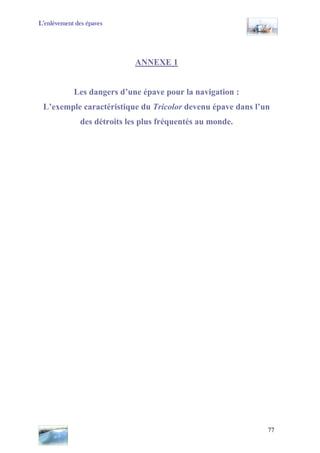 L’enlèvement des épaves
ANNEXE 1
Les dangers d’une épave pour la navigation :
L’exemple caractéristique du Tricolor devenu épave dans l’un
des détroits les plus fréquentés au monde.
77
 