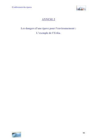 L’enlèvement des épaves
ANNEXE 2
Les dangers d’une épave pour l’environnement :
L’exemple de l’Erika.
80
 