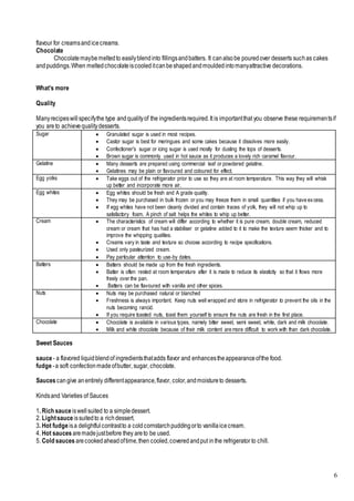6
flavour for creamsandicecreams.
Chocolate
Chocolatemaybemeltedto easilyblendinto fillingsandbatters. It canalsobe pouredover desserts suchas cakes
andpuddings.When meltedchocolateiscooleditcanbeshapedandmouldedintomanyattractive decorations.
What’s more
Quality
Manyrecipeswillspecifythe type andqualityof the ingredientsrequired.It is importantthat you observe these requirementsif
you areto achievequalitydesserts.
Sugar  Granulated sugar is used in most recipes.
 Castor sugar is best for meringues and some cakes because it dissolves more easily.
 Confectioner's sugar or icing sugar is used mostly for dusting the tops of desserts.
 Brown sugar is commonly used in hot sauce as it produces a lovely rich caramel flavour.
Gelatine  Many desserts are prepared using commercial leaf or powdered gelatine.
 Gelatines may be plain or flavoured and coloured for effect.
Egg yolks  Take eggs out of the refrigerator prior to use so they are at room temperature. This way they will whisk
up better and incorporate more air.
Egg whites  Egg whites should be fresh and A grade quality.
 They may be purchased in bulk frozen or you may freeze them in small quantities if you have excess.
 If egg whites have not been cleanly divided and contain traces of yolk, they will not whip up to
satisfactory foam. A pinch of salt helps the whites to whip up better.
Cream  The characteristics of cream will differ according to whether it is pure cream, double cream, reduced
cream or cream that has had a stabiliser or gelatine added to it to make the texture seem thicker and to
improve the whipping qualities.
 Creams vary in taste and texture so choose according to recipe specifications.
 Used only pasteurized cream.
 Pay particular attention to use-by dates.
Batters  Batters should be made up from the fresh ingredients.
 Batter is often rested at room temperature after it is made to reduce its elasticity so that it flows more
freely over the pan.
 Batters can be flavoured with vanilla and other spices.
Nuts  Nuts may be purchased natural or blanched
 Freshness is always important. Keep nuts well wrapped and store in refrigerator to prevent the oils in the
nuts becoming rancid.
 If you require toasted nuts, toast them yourself to ensure the nuts are fresh in the first place.
Chocolate  Chocolate is available in various types, namely bitter sweet, semi sweet, white, dark and milk chocolate.
 Milk and white chocolate because of their milk content are more difficult to work with than dark chocolate.
Sweet Sauces
sauce- a flavored liquidblendof ingredientsthatadds flavor and enhancestheappearanceofthe food.
fudge-a soft confectionmadeofbutter, sugar, chocolate.
Sauces cangive anentirely differentappearance,flavor, color,andmoistureto desserts.
Kindsand Varieties of Sauces
1. Rich sauce iswellsuited to a simpledessert.
2. Lightsauce issuitedto a richdessert.
3. Hot fudge isa delightfulcontrastto a coldcornstarchpuddingorto vanillaicecream.
4. Hot sauces aremadejustbefore they areto be used.
5. Cold sauces arecookedaheadoftime,then cooled,coveredandput inthe refrigerator to chill.
 