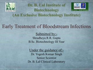 Dr. B. Lal Institute of
Biotechnology
(An Exclusive Biotechnology Institute)
Early Treatment of Bloodstream Infections
Thursday, June 20, 2019 1
Submitted by:-
Shradheya R.R. Gupta
B.Sc. Biotechnology III Year
Under the guidance of:-
Dr. Yogesh Kumar Singh
Senior Scientist
Dr. B. Lal Clinical Laboratory
 