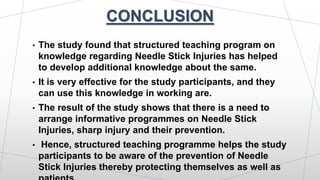 CONCLUSION
• The study found that structured teaching program on
knowledge regarding Needle Stick Injuries has helped
to develop additional knowledge about the same.
• It is very effective for the study participants, and they
can use this knowledge in working are.
• The result of the study shows that there is a need to
arrange informative programmes on Needle Stick
Injuries, sharp injury and their prevention.
• Hence, structured teaching programme helps the study
participants to be aware of the prevention of Needle
Stick Injuries thereby protecting themselves as well as
 