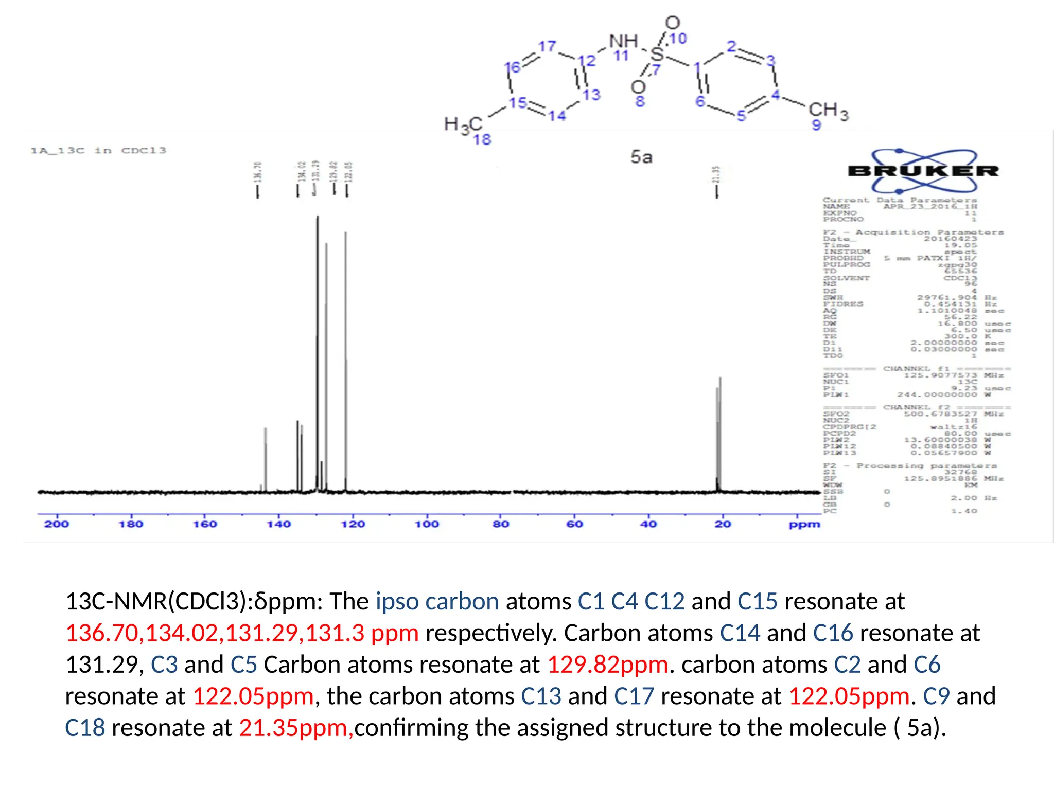 13C-NMR(CDCl3):δppm: The ipso carbon atoms C1 C4 C12 and C15 resonate at
136.70,134.02,131.29,131.3 ppm respectively. Carbon atoms C14 and C16 resonate at
131.29, C3 and C5 Carbon atoms resonate at 129.82ppm. carbon atoms C2 and C6
resonate at 122.05ppm, the carbon atoms C13 and C17 resonate at 122.05ppm. C9 and
C18 resonate at 21.35ppm,confirming the assigned structure to the molecule ( 5a).
 